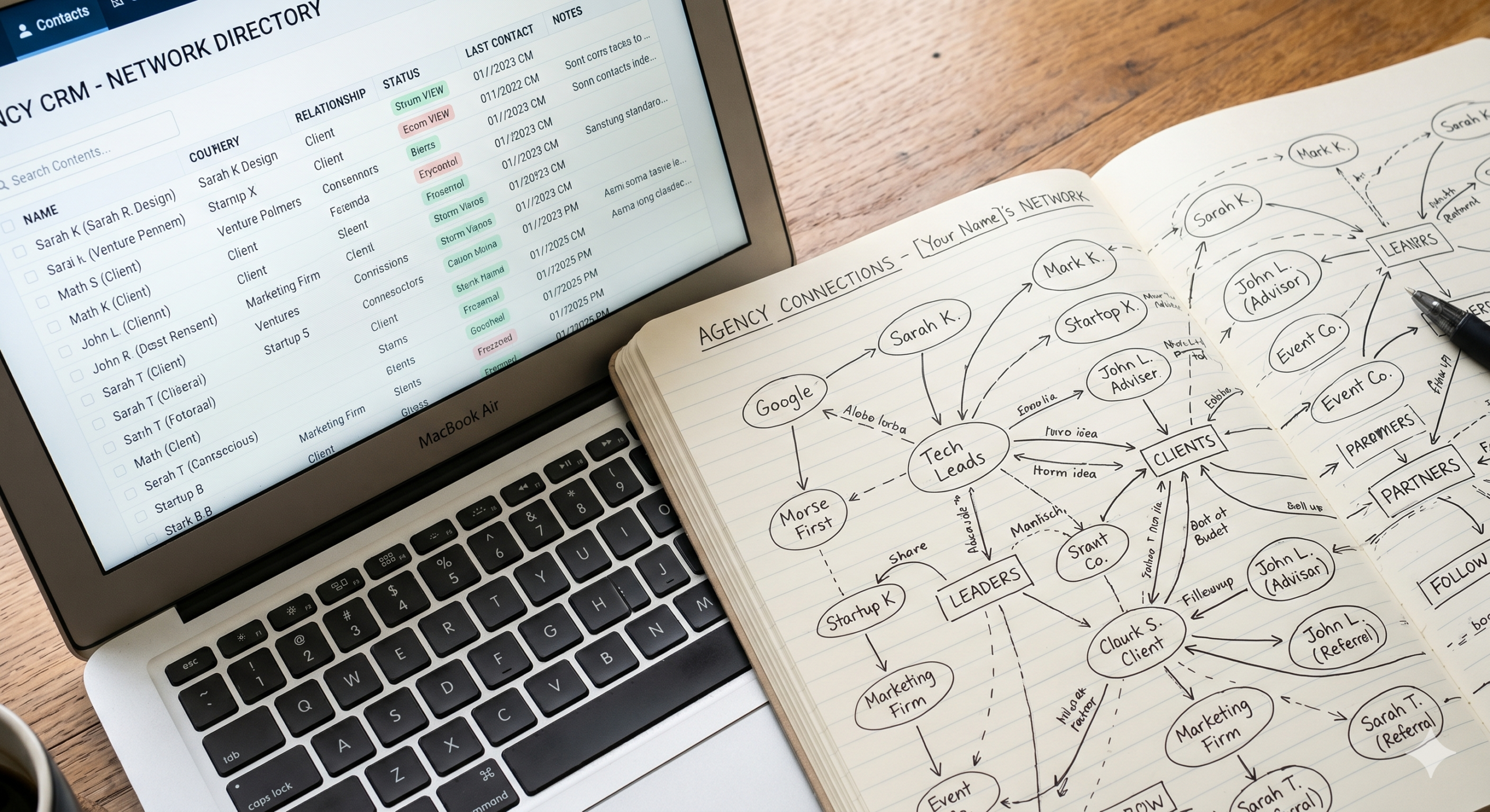 A desk with a notebook sketch of names and arrows beside a laptop showing the HowdyPartner dashboard